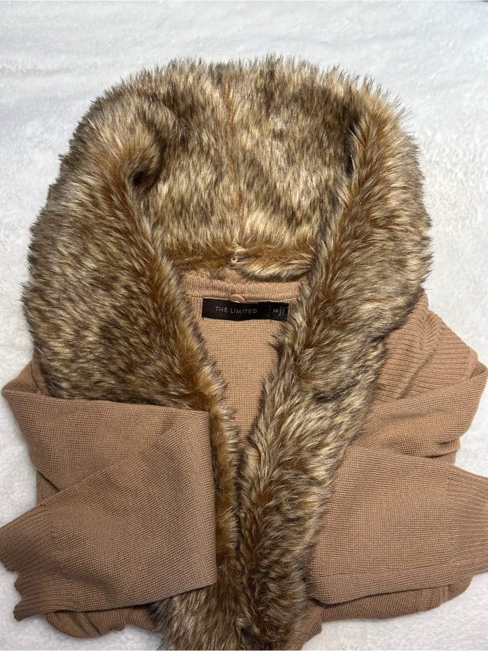 The Limited Camel Knit Coat with Faux Fur Trim